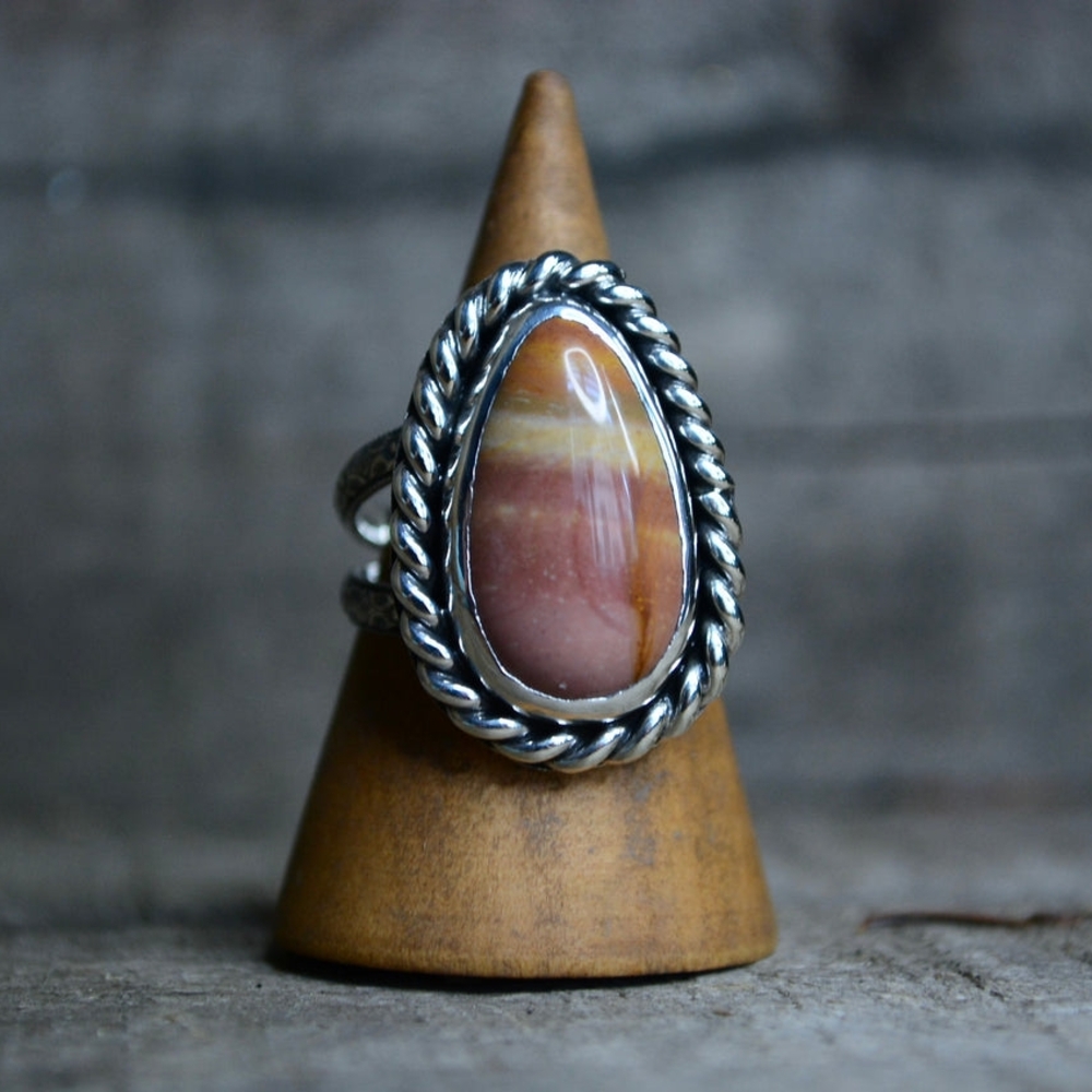 Polychrome Jasper Size 8.75 Silver and Brown Stone Ring Handmade